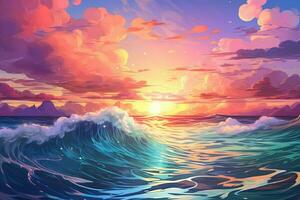 un ilustración de un puesta de sol terminado el océano. generativo ai foto