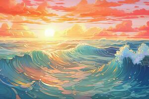un animado pintura de el Oceano con olas y Dom. generativo ai foto