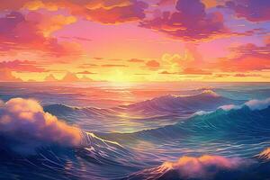 un anime pintura de el Oceano a puesta de sol. generativo ai foto