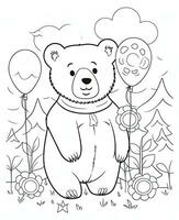 a coloring page with a bear and balloons. Generative AI photo