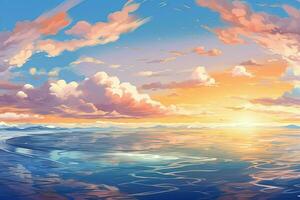 un anime pintura de un puesta de sol terminado el océano. generativo ai foto