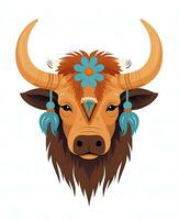 vector illustration of a bison head with feathers and headdress. Generative AI photo