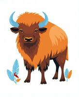 Cartoon Buffalo with brown fur illustration isolated on white background. Generative AI photo