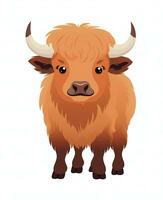 a cartoon cow with horns standing on a white background. Generative AI photo