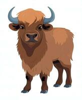 a cartoon brown buffalo with horns standing in front of a white background. Generative AI photo