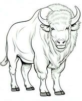 Vector of buffalo in black and white coloring. Animal coloring page for kids. Generative AI photo