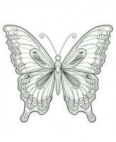 mariposa aislado en blanco antecedentes. colorante para adultos y niños. negro y blanco dibujo. generativo ai foto