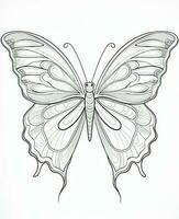 mariposa aislado en blanco antecedentes. colorante para adultos y niños. negro y blanco dibujo. generativo ai foto