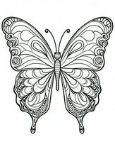 mariposa aislado en blanco antecedentes. colorante para adultos y niños. negro y blanco dibujo. generativo ai foto