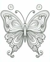 mariposa aislado en blanco antecedentes. colorante para adultos y niños. negro y blanco dibujo. generativo ai foto