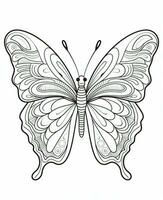 mariposa aislado en blanco antecedentes. colorante para adultos y niños. negro y blanco dibujo. generativo ai foto