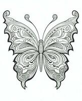 mariposa aislado en blanco antecedentes. colorante para adultos y niños. negro y blanco dibujo. generativo ai foto