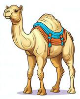 cartoon camel with saddle on white background. Generative AI photo