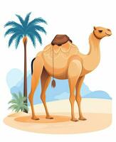 cartoon camel in the desert with palm tree. Generative AI photo