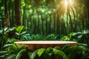 An Empty Rustic Wood Product Display Podium In The Middle Of A Forest Premade Photo Mockup Background