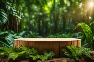 An Empty Rustic Wood Product Display Pedestal Surrounded by Forest Foliage Premade Photo Mockup Background