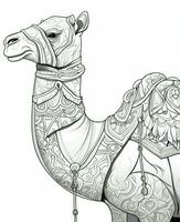 a camel with a saddle and a headdress coloring page. Generative AI photo