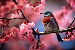 AI Generative bird perched on a branch of a cherry blossom tree photo