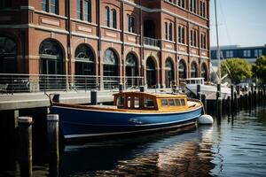 A boat is docked in front of building AI Generative photo