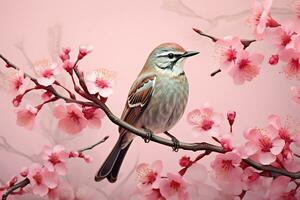 AI Generative bird perched on a branch of a cherry blossom tree photo