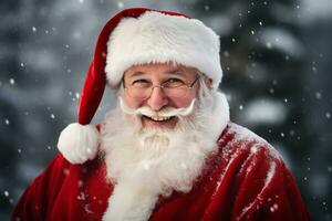 sonriente Papa Noel claus en su icónico rojo traje y barba ai generativo foto