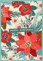 Christmas and Happy New Year card with white Christmas tree and flowers. Trendy retro style. Vector design template.