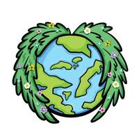 Earth day. Blue and green planet with green tree leaves wings and colorful flowers on top of it vector illustration isolated on square white background. Simple flat cartoon art styled drawing.