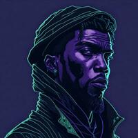 Illustration of a black rapper in a purple and green duotone style, ai generative photo