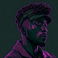 Illustration of a black rapper in a purple and green duotone style, ai generative photo