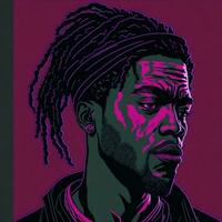 Illustration of a black rapper in a purple and green duotone style, ai generative photo