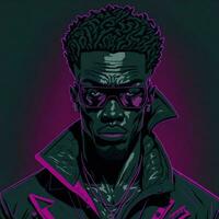 Illustration of a black rapper in a purple and green duotone style, ai generative photo