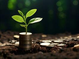 stacks of coins with plant sprout finance growth concept ai generate photo