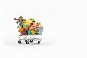 shopping trolley full of fruit and vegetables copy space white background ai generative photo