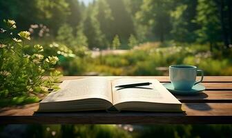 outdoor table coffee and book nature background forest generative ai photo