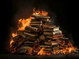 burned pile of books stack on fire knowledge lost concept generative ai photo