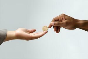 hand giving coin money to other hand charity concept white background generative ai photo