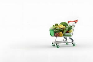 shopping trolley full of fruit and vegetables copy space white background ai generative photo