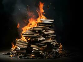 burned pile of books stack on fire knowledge lost concept generative ai photo