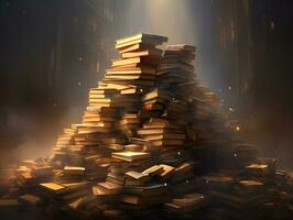 pile of books pyramid mountain art stack cinematic light generative ai photo