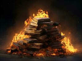 burned pile of books stack on fire knowledge lost concept generative ai photo