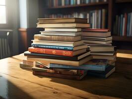 apilar de libros en el mesa pila de libros en el biblioteca generativo ai foto