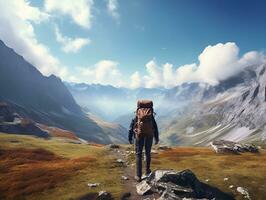 male hiker with hiking bag on the mountain cliff with sky view generative ai photo