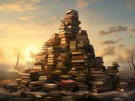 pile of books pyramid mountain art stack cinematic light generative ai photo