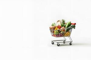 shopping trolley full of fruit and vegetables copy space white background ai generative photo