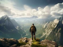 male hiker with hiking bag on the mountain cliff with sky view generative ai photo