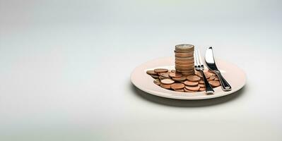 business income concept coins on the plate with knife and fork generative ai photo