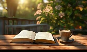 book and coffee on the table nature background ai generative photo