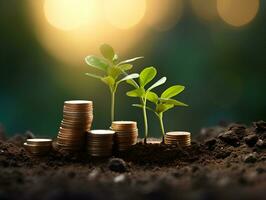 stacks of coins with plant sprout finance growth concept ai generate photo