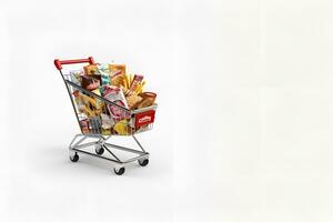 shopping trolley full of groceries white background copy space generative ai photo