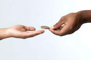 hand giving coin money to other hand charity concept white background generative ai photo